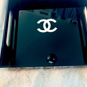 Black acrylic 12x12x2" tray with white lettering